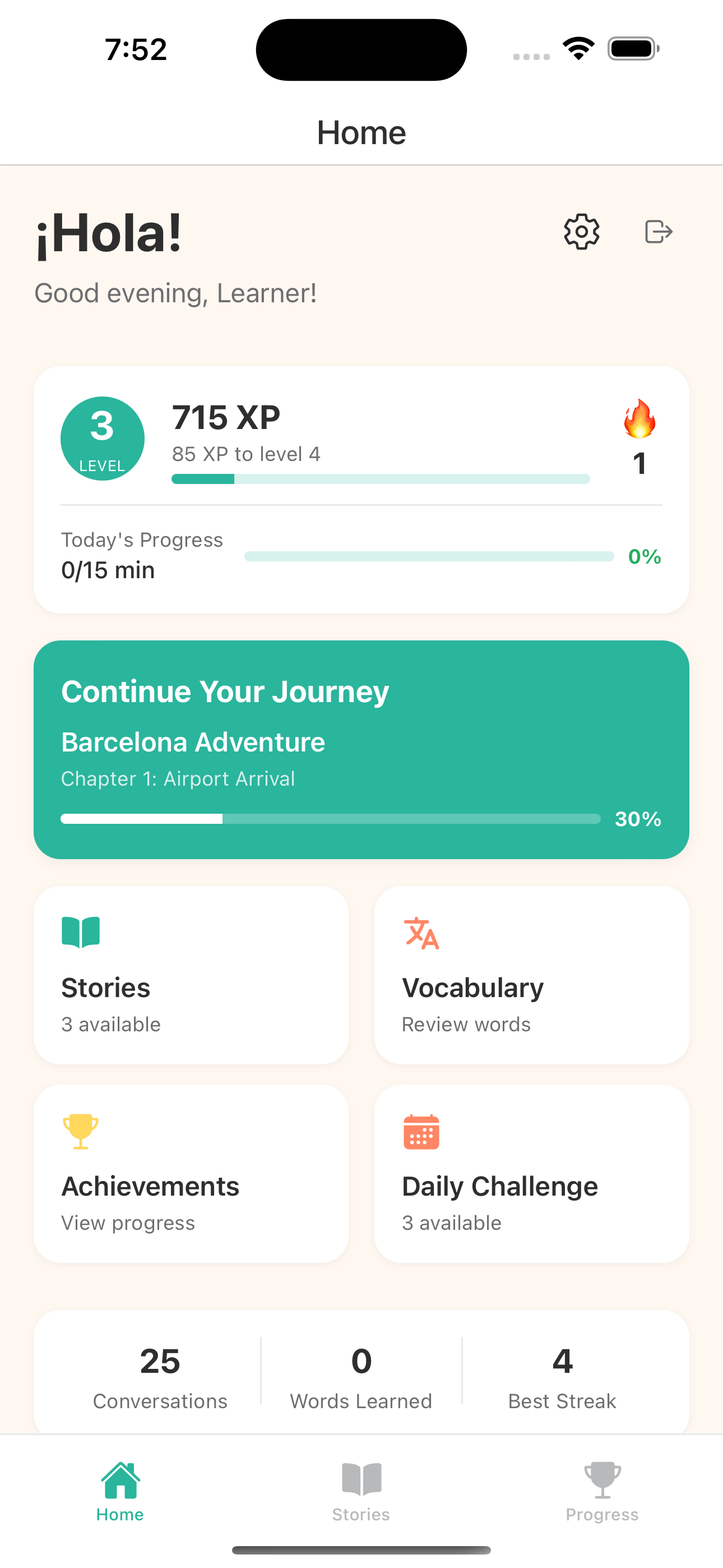 ConversaStory app showing Barcelona Adventure progress and learning dashboard